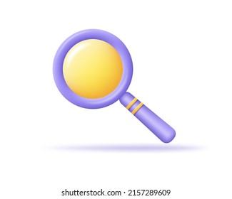 Magnifying glass 3d icon. Render purple loupe. Search, find, navigation, zoom, analysis, education concept. 3d vector cartoon minimal illustration