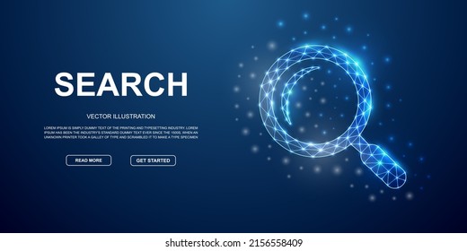 Magnifying glass 3d low poly symbol with connected dots for blue landing page. Search tool design illustration concept. Polygonal Loupe illustration