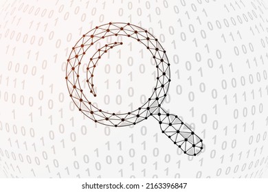 Magnifying Glass 3d Low Poly Symbol With Binary Code Background. Analysis Tool Design Vector Illustration. Loupe Polygonal Symbol With Connected Dots