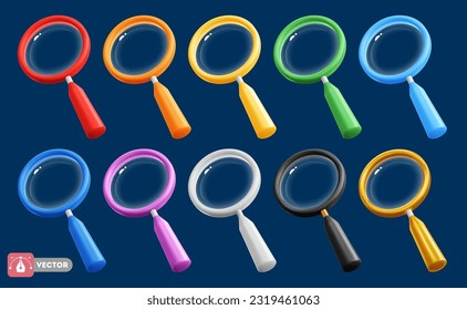 Magnifying glass, 3d realistic, minimal and glossy style, isolated on dark background. Set of multicolored magnifiers. Transparent loupe, conceptual symbol of search, research. Vector illustration 