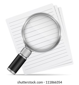 Magnifying glass with abstract paper documents, vector eps10 illustration