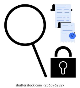 Magnifying glass alongside documents with a checkmark and a padlock. Ideal for themes such as security, data verification, privacy, research, and authentication. Simple, minimalistic vector style