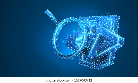 Magnifying glass analys of HTML code Bracket model. Coding analysis, software programming concept. Abstract, digital, wireframe, low poly mesh, vector polygonal blue neon 3d illustration. Line, dot