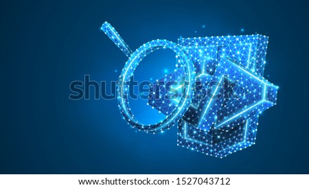Magnifying glass analys of HTML code Bracket model. Coding analysis, software programming concept. Abstract, digital, wireframe, low poly mesh, vector polygonal blue neon 3d illustration. Line, dot