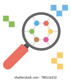 A magnifying glass analysing small molecules, flat icon of molecular search