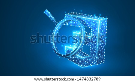 Magnifying glass Analysis of Cascading Style Sheets coding language sign, css. Code analytics concept. Abstract, digital, wireframe, low poly mesh, vector blue neon 3d illustration. Line, dot