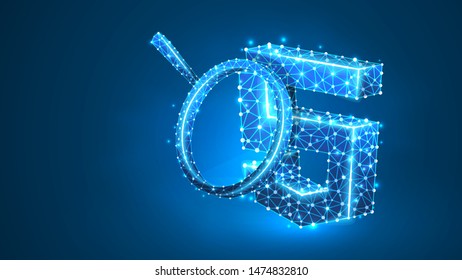 Magnifying glass Analysis of Hypertext Markup Language sign, html. Code analytics, programming concept. Abstract, digital, wireframe, low poly mesh, vector blue neon 3d illustration. Line, dot