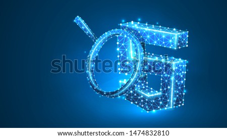 Magnifying glass Analysis of Hypertext Markup Language sign, html. Code analytics, programming concept. Abstract, digital, wireframe, low poly mesh, vector blue neon 3d illustration. Line, dot