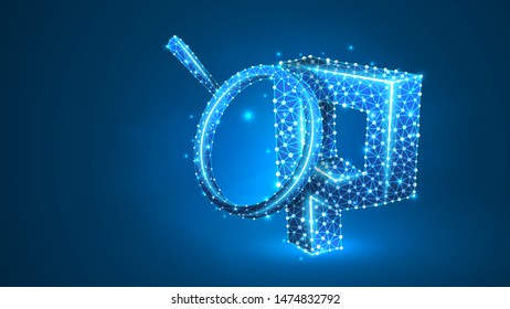 Magnifying glass analysis of Hypertext Preprocessor coding language, php sign. Code analytics concept. Abstract, digital, wireframe, low poly, mesh, vector blue neon 3d illustration. Line, dot