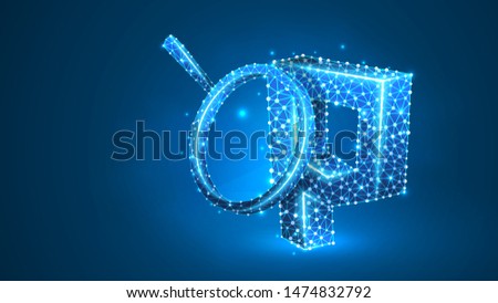 Magnifying glass analysis of Hypertext Preprocessor coding language, php sign. Code analytics concept. Abstract, digital, wireframe, low poly, mesh, vector blue neon 3d illustration. Line, dot