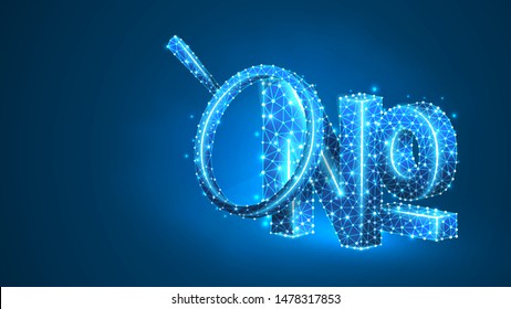 Magnifying glass Analysis of Numero sign, typographic abbreviation of the word number. No, nos symbol concept. Abstract, digital, wireframe, low poly mesh, vector blue neon 3d illustration. Line dot