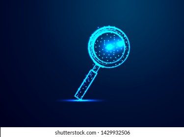 Magnifying glass. Analysis, Search symbol. Business, science, Internet surfing concept. Abstract, digital, wireframe, low poly mesh,