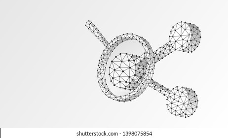 Magnifying glass Analysis of Share symbol. People communication research, social science concept. Abstract, digital, wireframe, low poly mesh, vector white origami 3d illustration. Triangle, line, dot