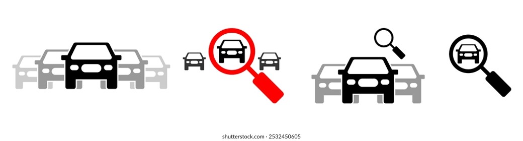 lupa analisar ou digitalizar carro, comprar carro na concessionária, inspeção de veículo, pesquisando e escolhendo selecione um carro adequado, suspeito vetor pictograma ícone ícone símbolo ui e ux