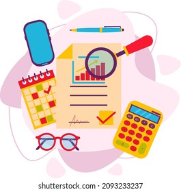 The magnifying glass analyzes a sheet of paper, a calculator, a pen, glasses, a phone. Tax audit, financial market analysis. Flat vector illustration.