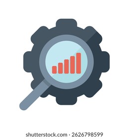 Magnifying glass is analyzing a growing bar chart inside a gear wheel, representing business analysis and growth