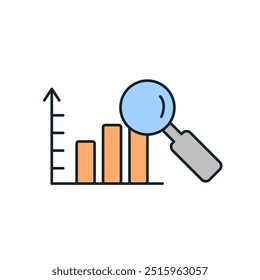 Magnifying glass analyzing growing chart with upward arrow trend