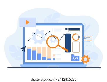 Magnifying glass analyzing marketing diagrams on laptop vector illustration. Digital marketing elements, graphs and charts. SEO strategy, online marketing concept