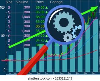 A magnifying glass analyzing a stock graph of growth. vector illustration