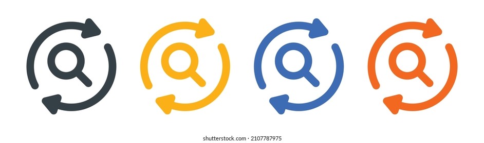Magnifying glass with arrow around icon set. Searching icon.
