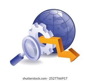 Magnifying glass with arrow gear business world analyst