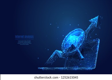 A magnifying glass and an arrow up on a laptop background. Low poly wireframe vector polygonal illustration. Isolated computer analytics.  Business concept. Financial growth. Technology and science.