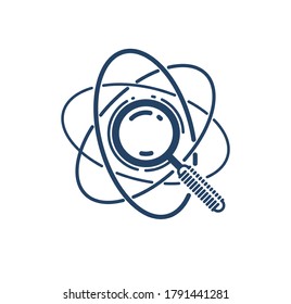 Magnifying glass and atom vector simple linear icon, science physics line art symbol, research technology and analisys.
