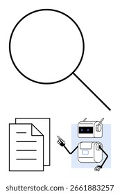 Magnifying glass atop documents and a robot pointing. Ideal for research, analysis, technology, AI, investigation, information, learning. Line metaphor