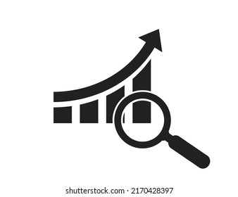 Magnifying glass with bar chart. Analytics information.Rising bars chart graph. Business-analysis symbols. Vector illustration. 10 eps