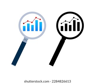 Magnifying glass with bar chart. Data analysis. Marketing Research icon