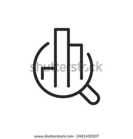 Magnifying glass with bar chart, linear style icon. data analysis, research, or statistics. Editable stroke width.