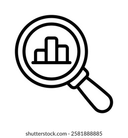 Magnifying glass with a bar chart for product analysis