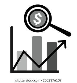 Magnifying glass, bar graph and dollar sign coin icon in grey scale isolated on white background.