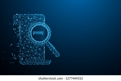 Magnifying glass and barcode form lines, triangles and particle style design. Illustration vector