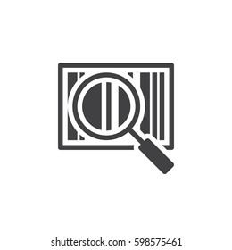 Magnifying glass and barcode icon vector, filled flat sign, solid pictogram isolated on white. Symbol, logo illustration. Pixel perfect