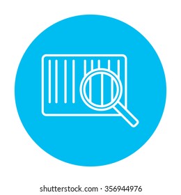Magnifying glass and barcode line icon for web, mobile and infographics. Vector white icon on the light blue circle isolated on white background.