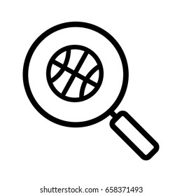 Magnifying glass with basketball ball linear icon. Thick line illustration. Basketball game search contour symbol. Vector isolated outline drawing