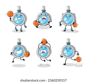 the magnifying glass basketball player group character. mascot vector