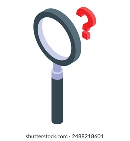 Magnifying glass is being used to examine a large, red question mark, symbolizing the search for answers and solutions