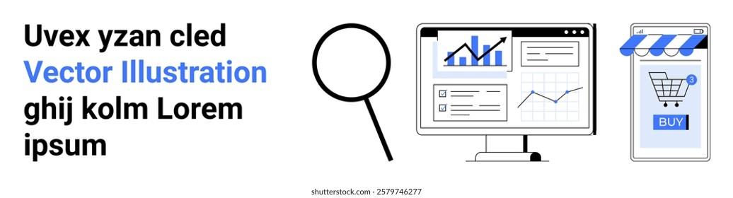 Magnifying glass beside a computer screen displaying graphs next to a smartphone shopping cart icon. Ideal for ecommerce analytics, marketing strategies, data tracking, digital shopping, market