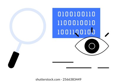 Magnifying glass beside an eye looking at binary code in a blue rectangle Ideal for themes, of data analysis artificial intelligence coding cybersecurity and visual inspection Blue white and black