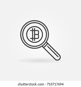 Magnifying glass with bitcoin concept vector icon or symbol in thin line style