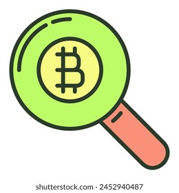 Lupa con símbolo de Bitcoin Vector de Búsqueda de criptomonedas concepto de icono o símbolo de color