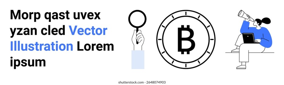 Lupa, símbolo Bitcoin e pessoa com telescópio explorando no laptop. Ideal para análise de negócios, criptomoeda, exploração, pesquisa, planejamento financeiro, educação de moeda digital