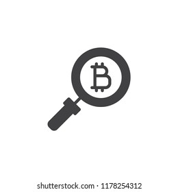 Magnifying Glass and Bitcoin vector icon. filled flat sign for mobile concept and web design. cryptocurrency search simple solid icon. Symbol, logo illustration. Pixel perfect vector graphics