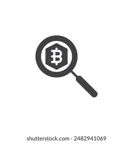 Magnifying glass and bitcoin vector icon. filled flat sign for mobile concept and web design. Blockchain Explorer glyph icon. Symbol, logo illustration. Vector graphics