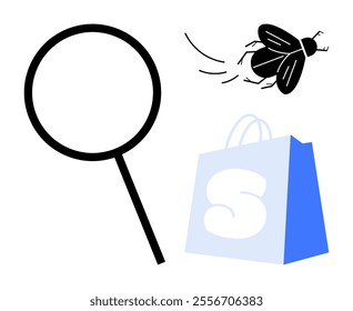 Magnifying glass, black fly, and blue and white shopping bag with an S. Ideal for investigation, shopping, entomology, retail, and minimalistic design themes. Simple and modern style