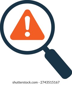 a magnifying glass with a black handle and frame is focused on an orange warning sign with a white exclamation point on a white background