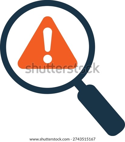 a magnifying glass with a black handle and frame is focused on an orange warning sign with a white exclamation point on a white background