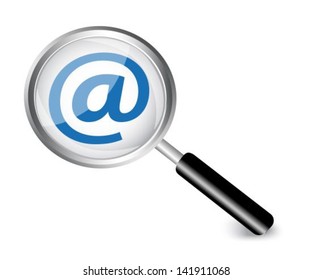 magnifying glass with a black handle and an internet symbol